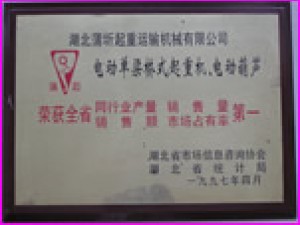 1997年全省起重機(jī)械設(shè)備銷量第一榮譽(yù)。